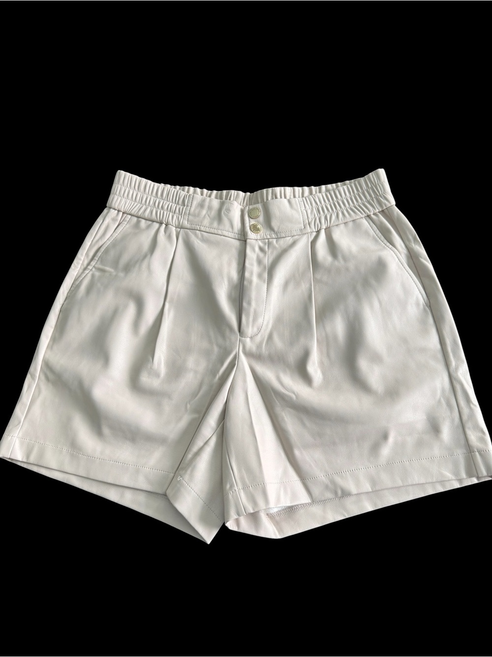 Karl Lagerfeld pleated cream/ beige faux leather high rise shorts.